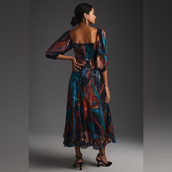 Hutch Printed Twist-Front Puff-Sleeve Ruffle-Hem Dress in Blue Motif - Picture 4 of 9